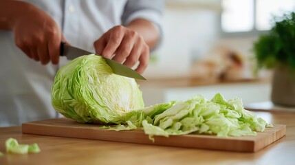 Man chopping cabbage on wooden cutting board in bright kitchen  