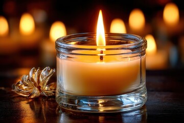 A single candle burns brightly in the foreground, with blurred candles in the background