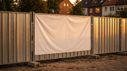 Blank White Banner Mockup on a Temporary Corrugated Metal Fence at Golden Hour with Residential Neighborhood Backdrop
