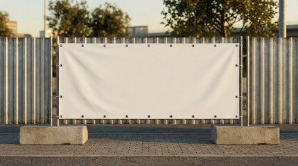 Clean Blank White Banner Mockup on a Temporary Corrugated Metal Fence with Ample Copy Space in a Public Urban Setting