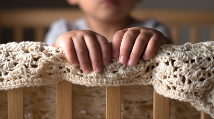 Child's hands resting on a crib's edge with soft blanket covering  