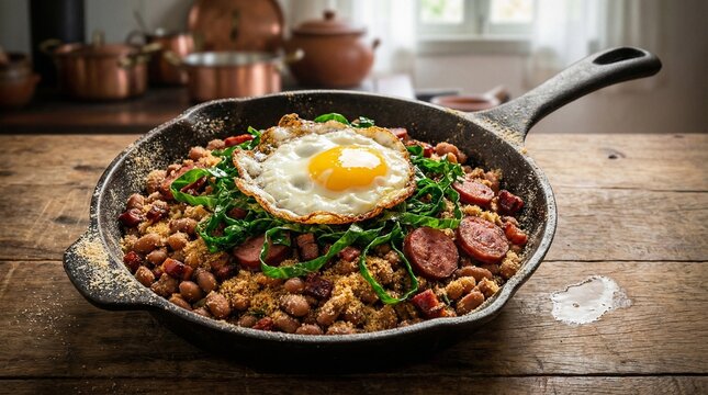 Rustic Feijao Tropeiro with Bacon and Kale in Iron Skillet