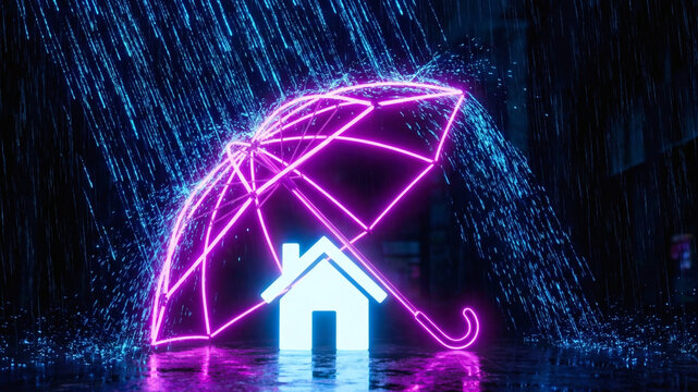 Abstract neon InsurTech concept, a glowing magenta umbrella shielding a bright blue house symbol from digital rain