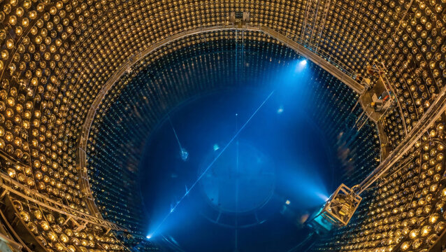 Inside view of a massive futuristic underground neutrino detector chamber, spherical walls lined with golden glowing photomultiplier tubes and blue water
