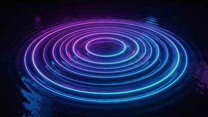 Obraz premium Abstract communication background, glowing concentric neon circular ripples expanding on a dark reflective surface