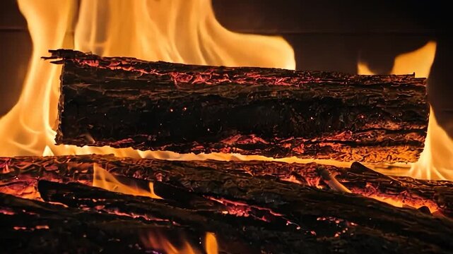 Burning logs ablaze in a fireplace, showcasing fire, warmth, and comfort from a close-up viewpoint