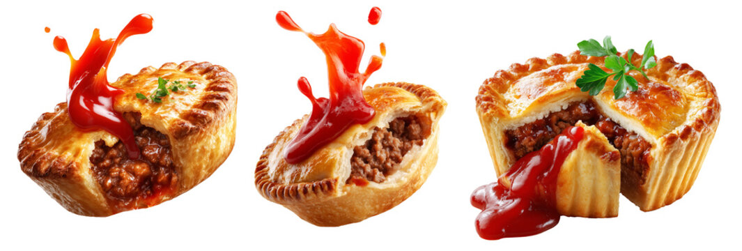 Set of Australia meat pie filled with minced meat  and topped with ketchup, isolated on white transparent background