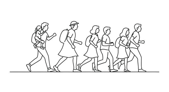 Group of people walking in a line sketched with minimal linework and detail