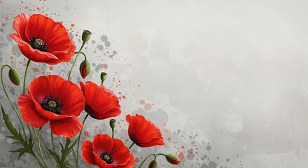 red poppies on gray background with paint splatters