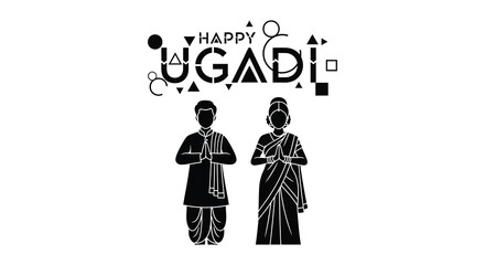 Obraz premium Ugadi celebration featuring a couple in traditional attire black silhouette