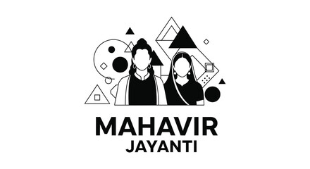 Mahavir Jayanti celebration with figures and geometric shapes a dark silhouette