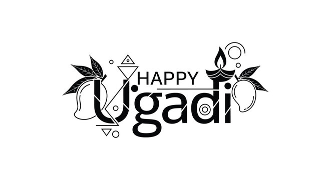 Happy ugadi festive typography design with floral elements a striking silhouette
