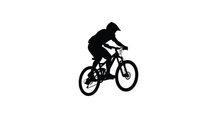 Mountain biker in mid air dynamic pose against a white background silhouette