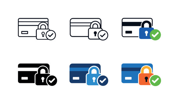 Safe digital payments icon showing a credit card with padlock and checkmark, representing online payment security, e-commerce