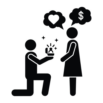 Pictogram showing a man proposing with love while the woman considers financial gain