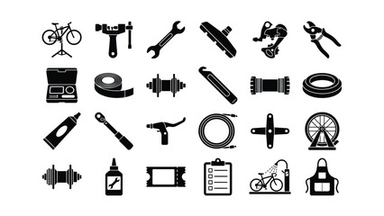 Black Bicycle Repair Tools Icons Set on White Background