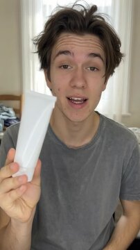 Young male creator reviewing a blank tube of acne face cream in his bedroom. Perfect authentic UGC for skincare brands, teen dermatology campaigns, and product mockups