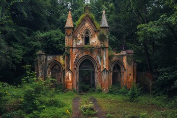 Fototapeta premium Crumbling chapel with moss covered roof and broken windows stands forgotten in a lush forest, showcasing the passage of time and nature reclaiming architecture
