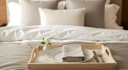 Restaurant logo mockup Breakfast Tray with Plate Napkin Cutlery and Flower on Bed wooden tray bedroom