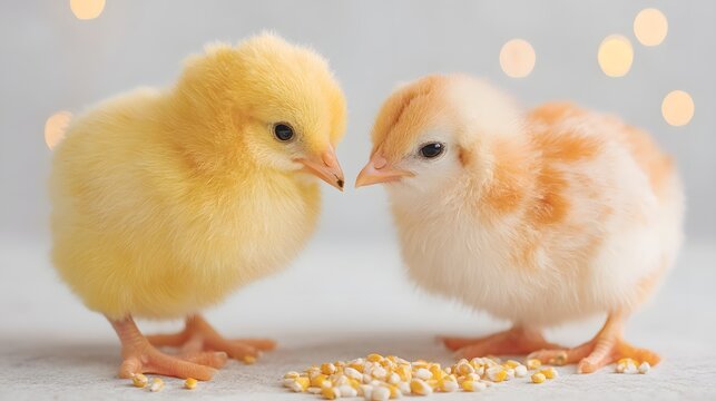 Two baby chicks are standing next to each other, one yellow and one orange