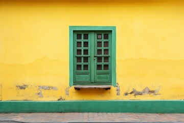 Obraz premium Bright yellow building facade featuring a rustic green window and visible paint peeling