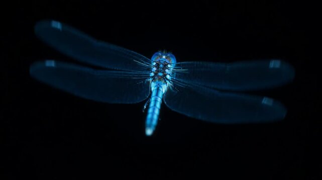 A large blue dragonfly in flight against a dark background, with its wings blurred