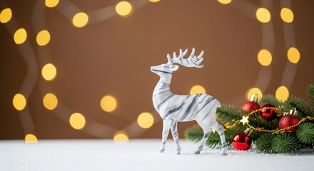 Fototapeta premium A white reindeer statue stands beside a decorated Christmas wreath with red ornaments and yellow lights against a brown background with bokeh lights