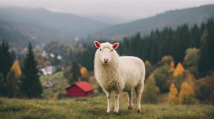 Fototapeta premium A white sheep stands in a field next to a red barn