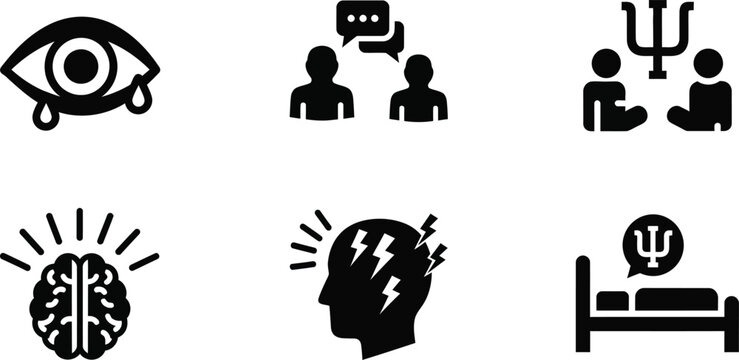 Icons representing mental health and emotional well-being, including crying eyes, counseling sessions, brain activity, stress, and therapy