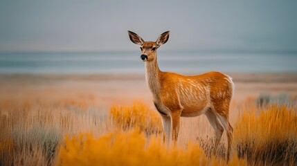 Naklejka premium A deer stands in a field of tall grass