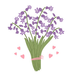 Obraz premium Cute purple hyacinths bouquet in flat cartoon design. Gentle spring flowers with stems and leaves. Lovely seasonal floral gift from garden with hearts and ribbon.Vector illustration isolated.