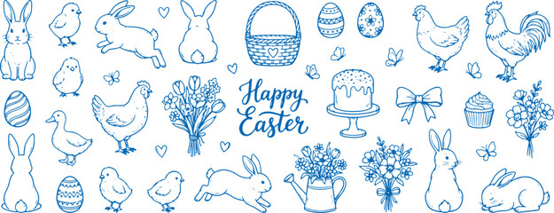 Easter celebration icons with blue line art of bunnies chickens eggs and flowers on white background with happy easter text © Meizan 