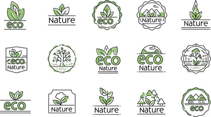 Collection of fifteen distinct eco and nature line art logo icons featuring green leaf elements and various typography arrangements for sustainable branding purposes © Malik 