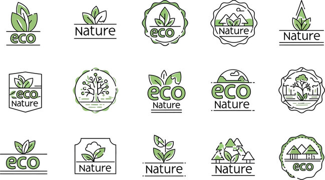 Collection of fifteen distinct eco and nature line art logo icons featuring green leaf elements and various typography arrangements for sustainable branding purposes