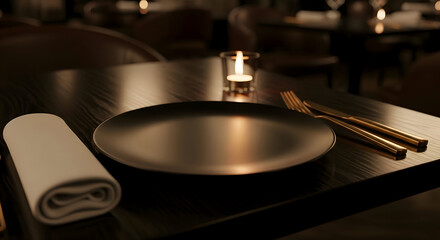Fototapeta premium Restaurant logo mockup Elegant Dinner Setting with Plate Candle and Gold Cutlery on Dark Table image photo