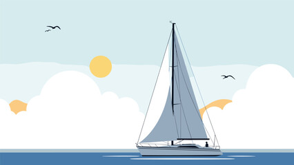 Naklejka premium Serene nautical illustration of a white sailboat on the blue sea under a pale yellow sun with seagulls flying overhead.
