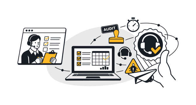 Abstract Productivity Scene. Modern minimal flat vector conceptual collage, crisp hard edges, consistent THIN outline stroke,