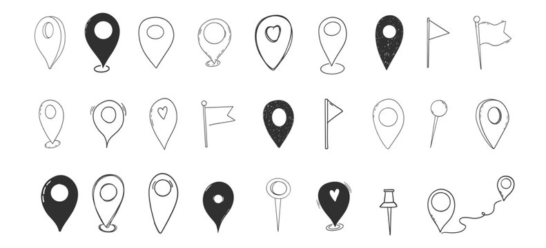 Doodle Location Pin set, pin line hand drawn for planner or map. Gps Navigation Markers pinpoints, tags, flag icons. 