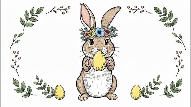 Cute easter bunny wearing a flower crown holding an egg in a leaf frame design. Spring holiday spirit element for greeting card.