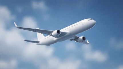 Obraz premium White airplane flying in sky. Blank passenger aircraft. Empty aircraft mockup for airline design. Template for aviation travel concept.