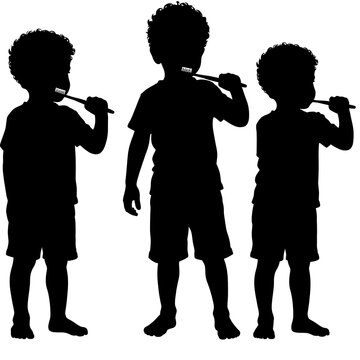 Three silhouetted children, with curly hair, stand brushing their teeth, facing different directions