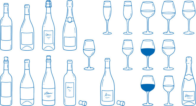 Wine bottles and glasses illustration set with blue outlines on white background for beverage concepts