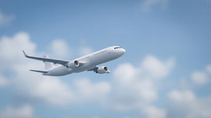Obraz premium White airplane flying high in a blue sky with fluffy white clouds. Concept of travel, vacation, and air transportation for global destinations.