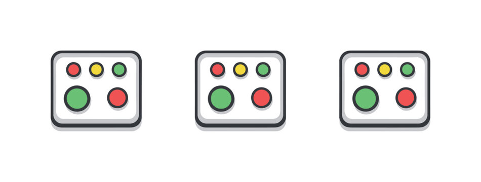 Operational scene illustrated by a control panel box with indicator lights and simple buttons reduced to a clean icon, identical