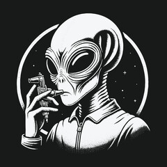 Alien smoking a vaporizer in space a monochrome illustration.