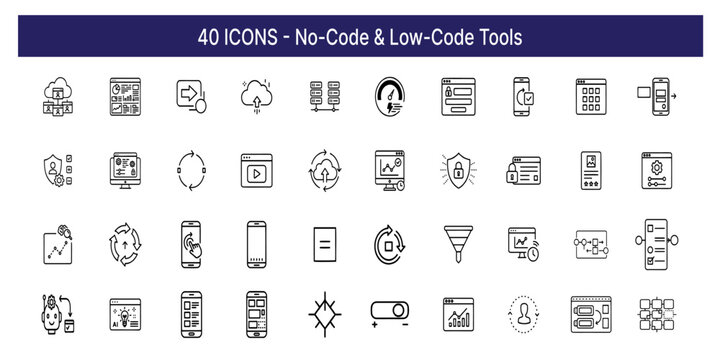 No Code Low Code Development Line Icons &ndash; Visual Builder, Automation and SaaS Platform Icon Pack.