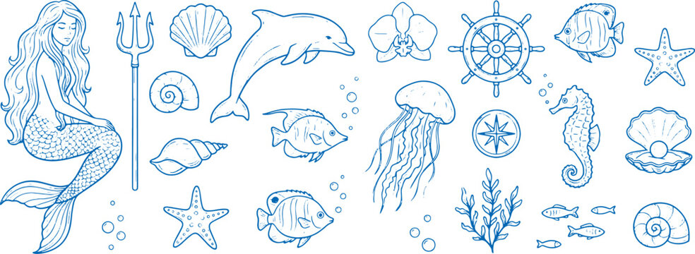 Blue ocean creatures and sea symbols illustration set with mermaid dolphin fish jellyfish and shells on white background for marine designs