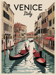 Venice Gondola Travel Poster, Highlighting Scenic Canals, Traditional Gondoliers, and Classic Italian Typography © Eva Elrod