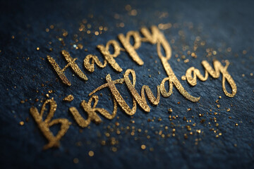 Fototapeta premium Golden Happy Birthday message on dark blue background with glitter