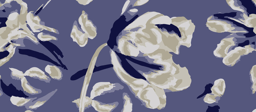 Elegant soft white and grey tulip flower pattern on a serene periwinkle blue background for a sophisticated and calm botanical illustration and Shawl, Dupatta textile.